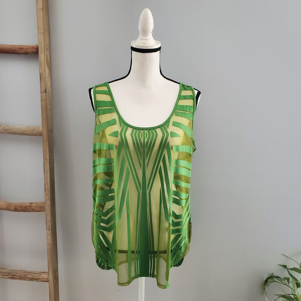 Worthington Green Sleeveless Sheer Geometric Print Shirt Size  L